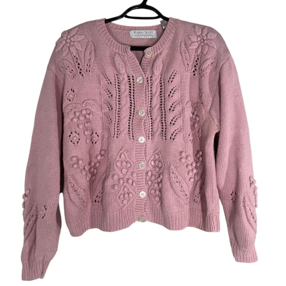 Vtg Pink Bauble Hand Knit Cardigan Sz L Coquette Cottagecore Coastal Grandma